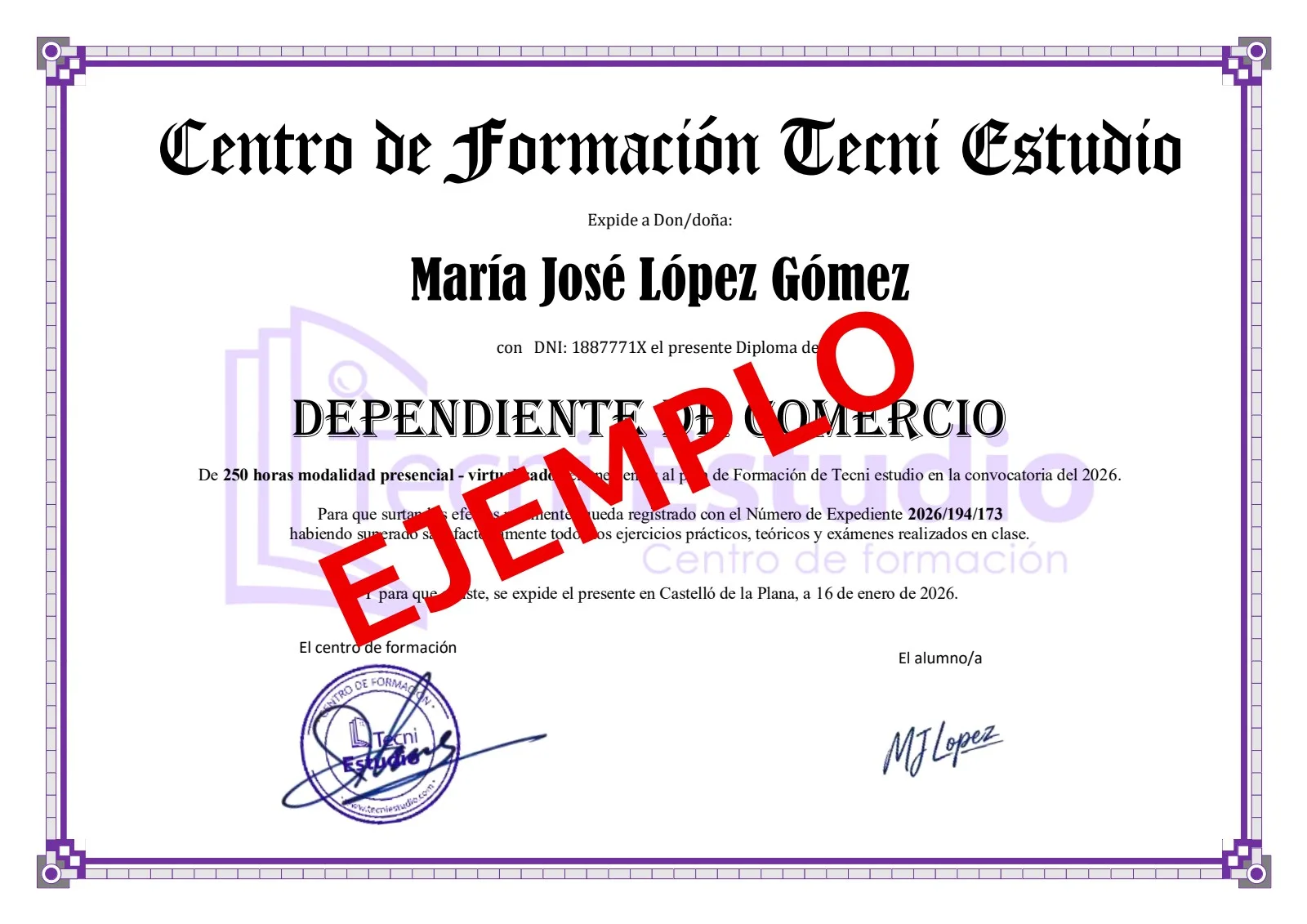 Diploma Tecni Estudio - Anverso
