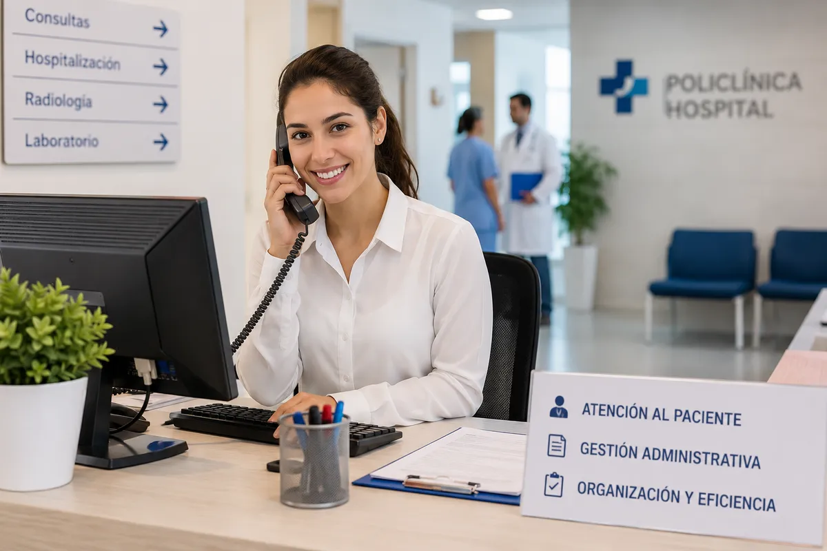 Administrativo recepcionista atendiendo a un paciente en la recepción de un hospital