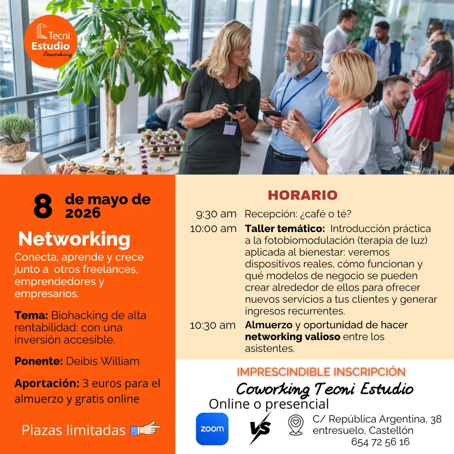 Próximo networking en Tecni estudio Biohacking de alta rentabilidad: cómo la fotobiomodulación puede convertirse en un servicio de bienestar rentable con una inversión accesible.